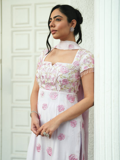 Baby Pink Chiffon Floral Embroidery Suit Set