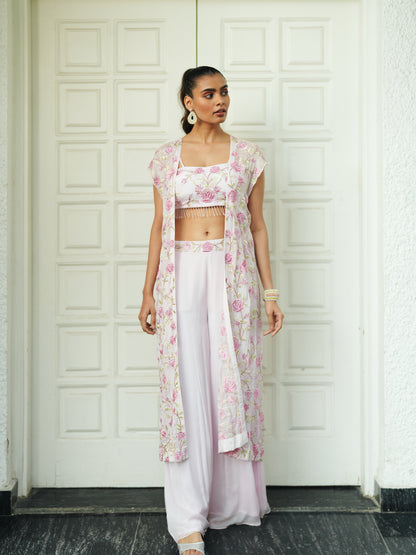 Baby Pink Chiffon Floral Embroidery Top-Pant Set