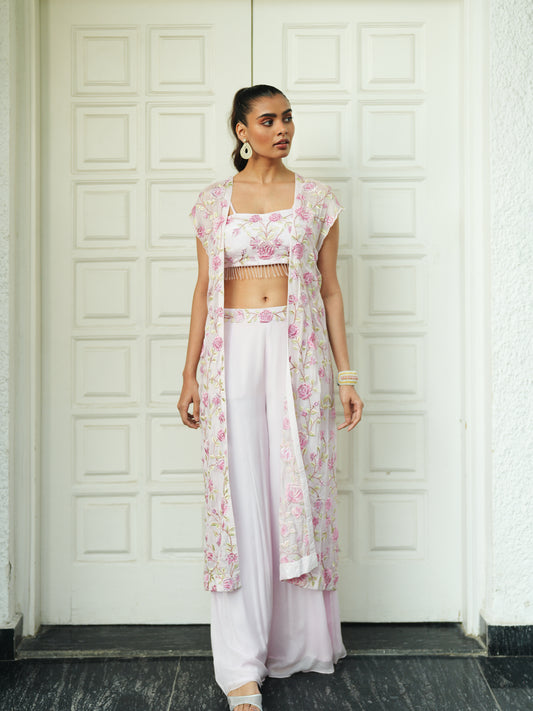 Baby Pink Chiffon Floral Embroidery Top-Pant Set