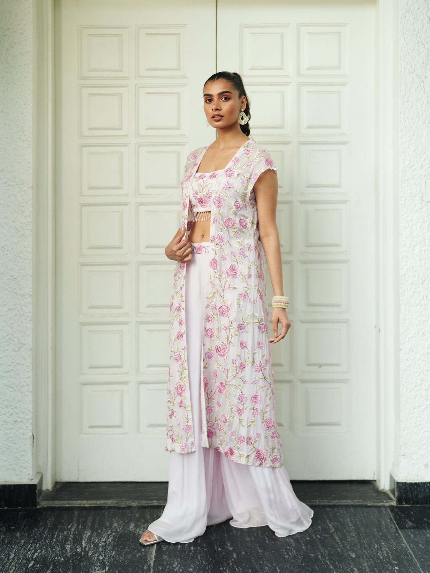 Baby Pink Chiffon Floral Embroidery Top-Pant Set