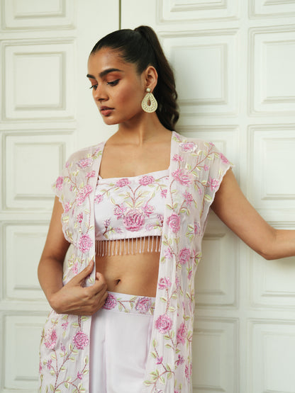 Baby Pink Chiffon Floral Embroidery Top-Pant Set