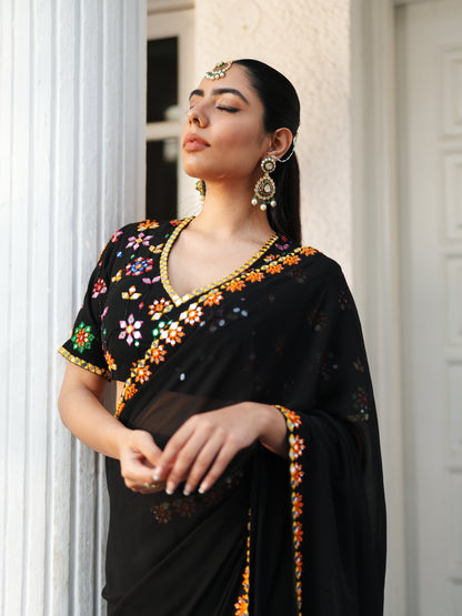 Black Georgette Mirror Work Pre-stitched Saree Set