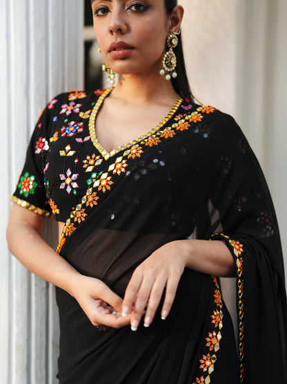 Black Georgette Mirror Work Pre-stitched Saree Set