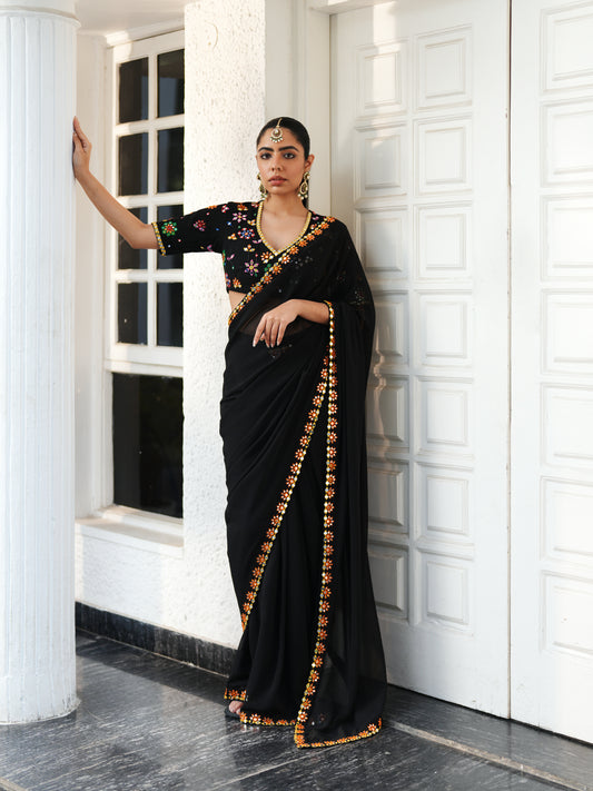 Black Georgette Mirror Work Pre-stitched Saree Set
