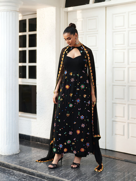 Black Georgette Mirror Work Suit Set