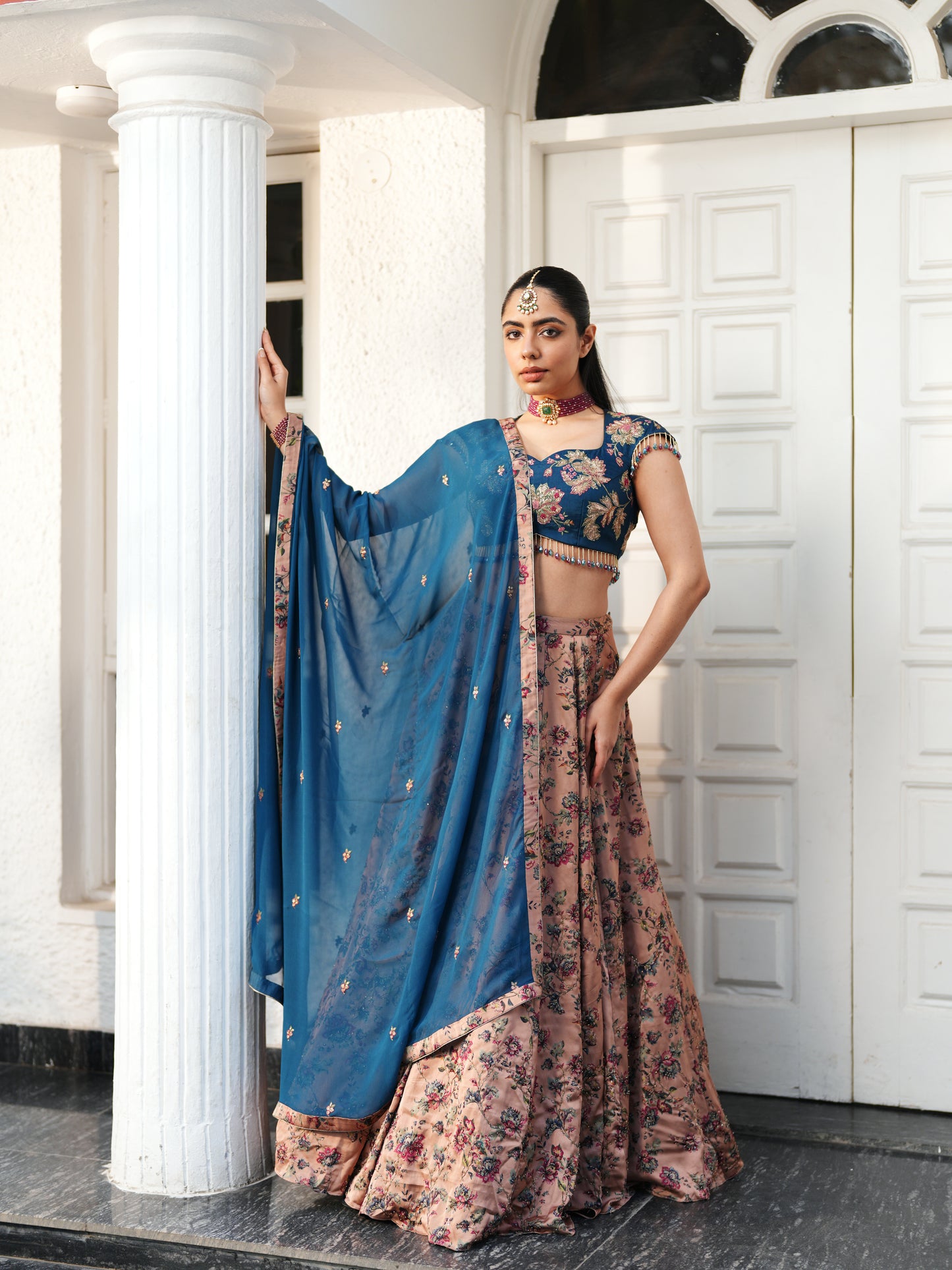 Pink Embellished Floral Satin Printed Lahenga Set