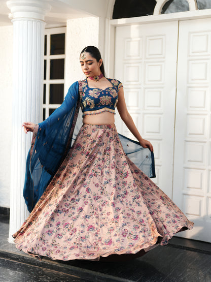 Pink Embellished Floral Satin Printed Lahenga Set