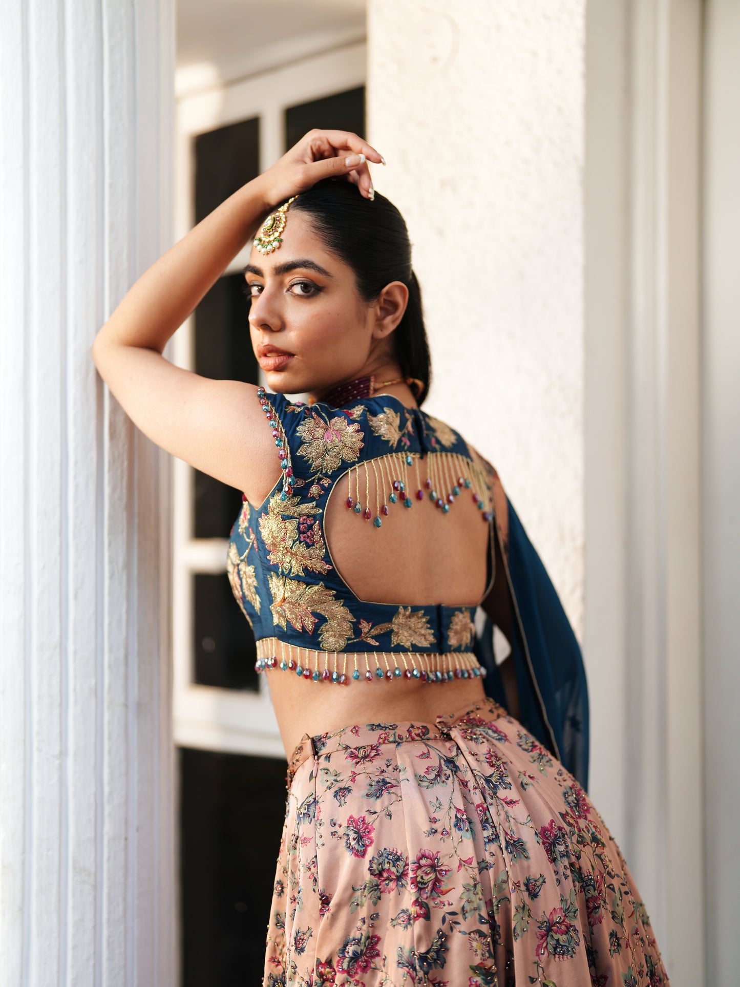 Pink Embellished Floral Satin Printed Lahenga Set