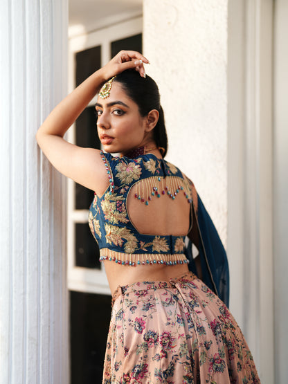 Pink Embellished Floral Satin Printed Lahenga Set