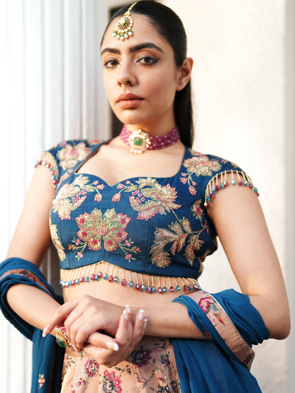 Pink Embellished Floral Satin Printed Lahenga Set