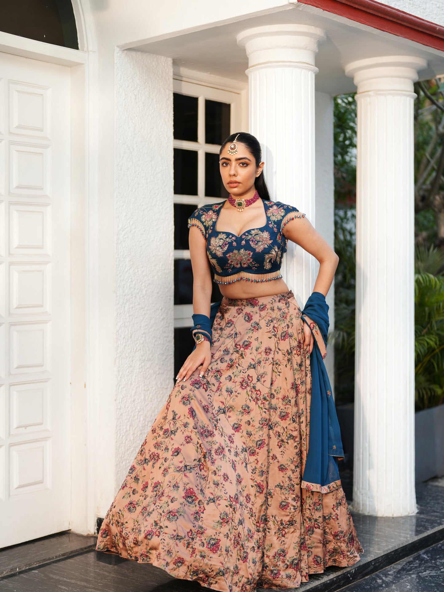Pink Embellished Floral Satin Printed Lahenga Set