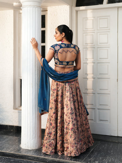 Pink Embellished Floral Satin Printed Lahenga Set