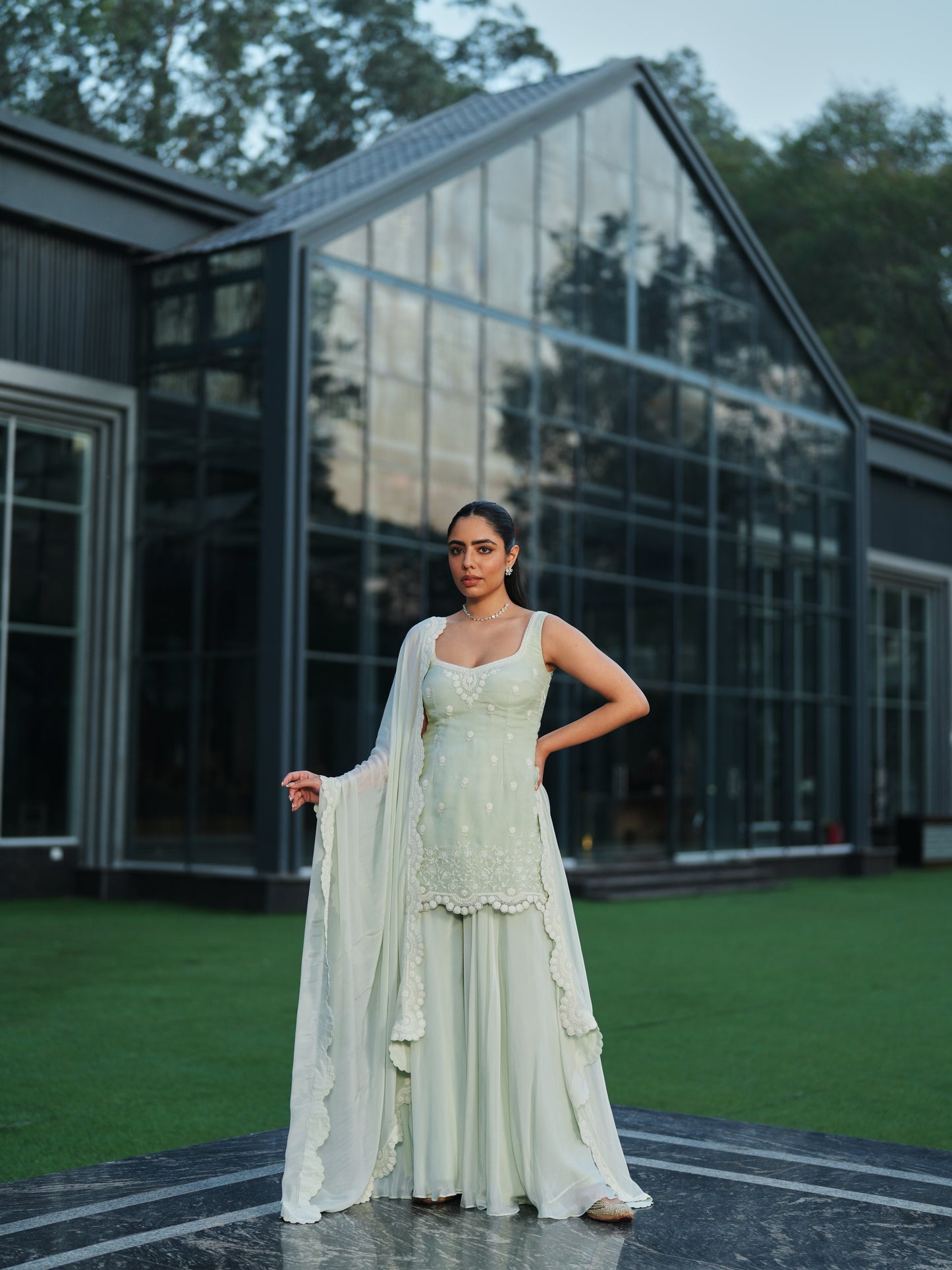 Mint Green Chiffon Three-dimensional Embroidery Sharara Set