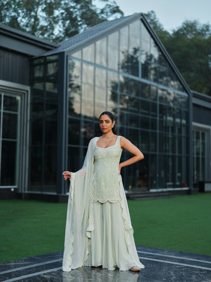 Mint Green Chiffon Three-dimensional Embroidery Sharara Set