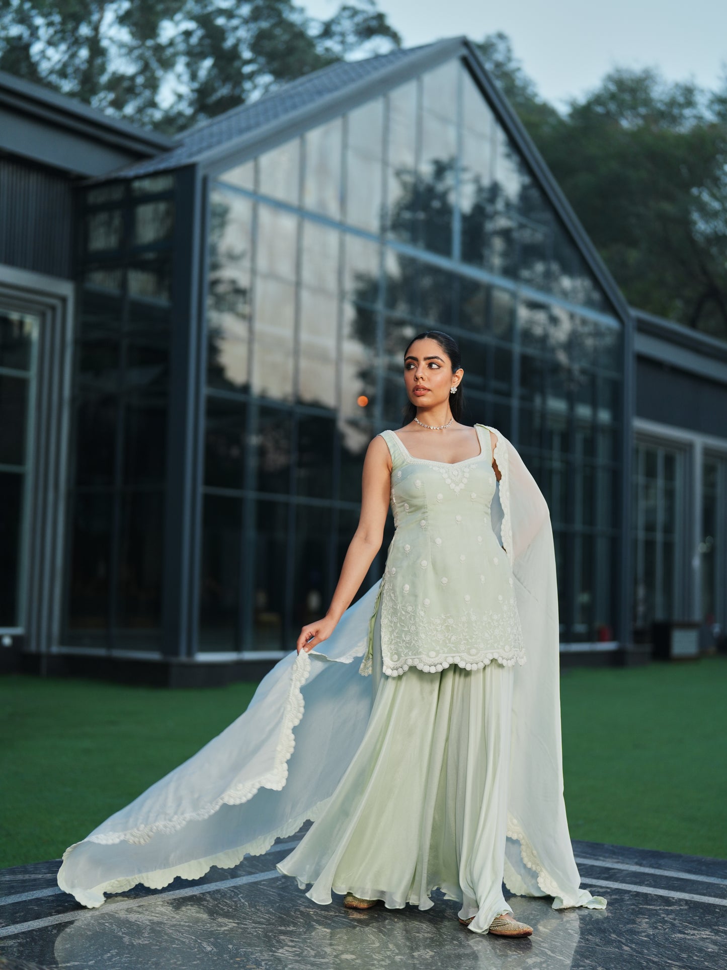 Mint Green Chiffon Three-dimensional Embroidery Sharara Set