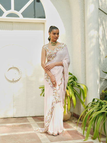 Blush Pink Chiffon Embellished Saree Set