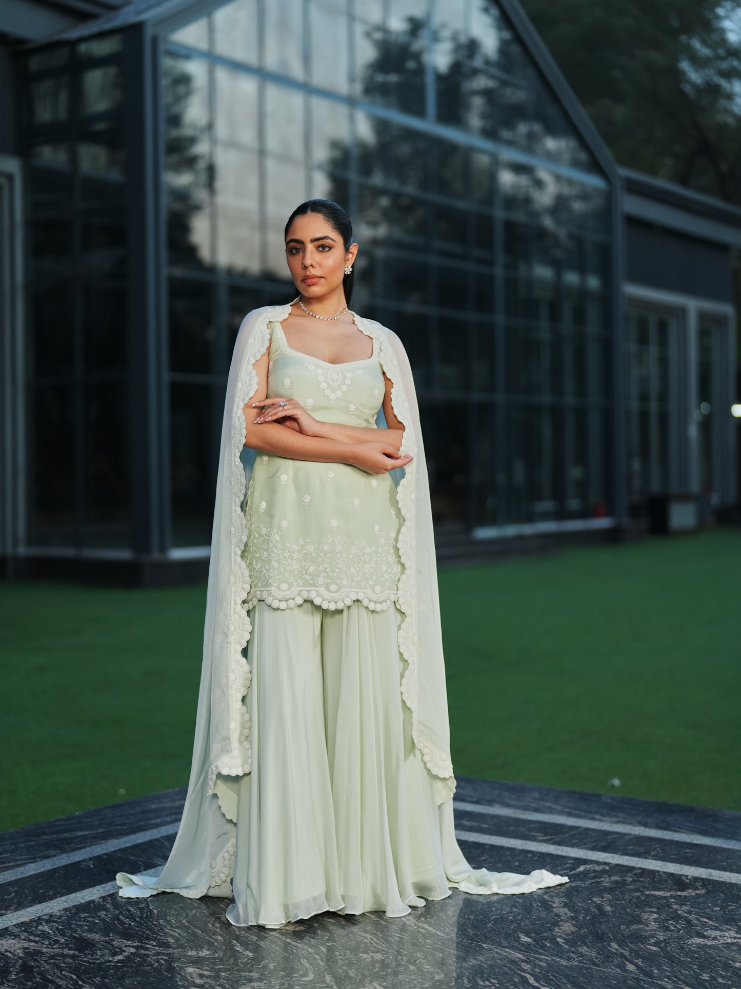 Mint Green Chiffon Three-dimensional Embroidery Sharara Set