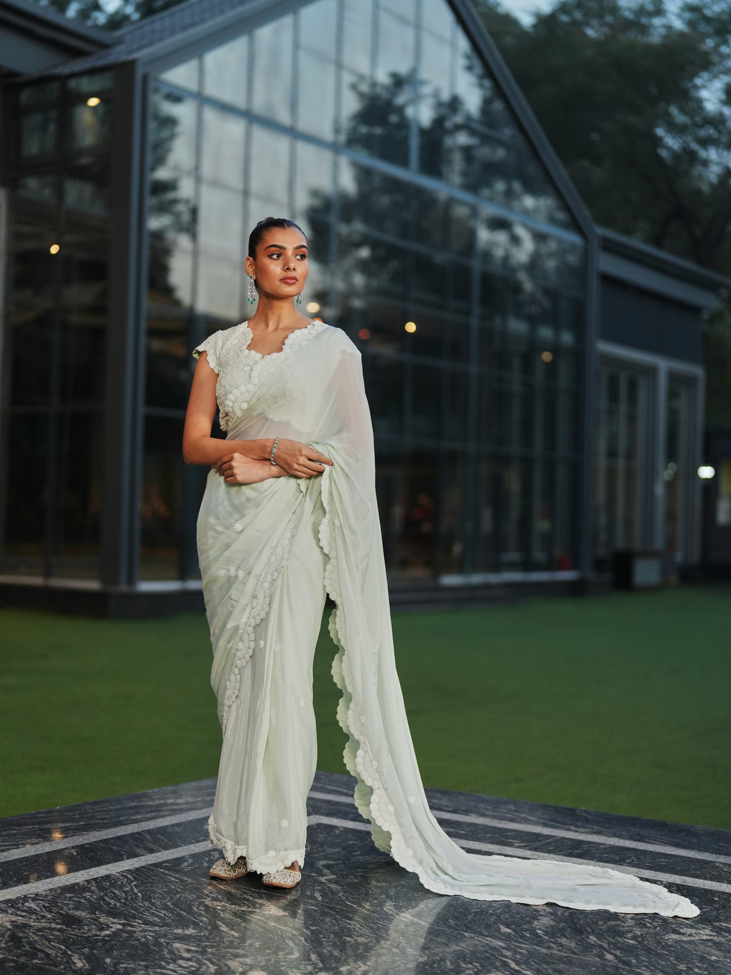 Mint Green Chiffon Three-dimensional Embroidery Saree Set