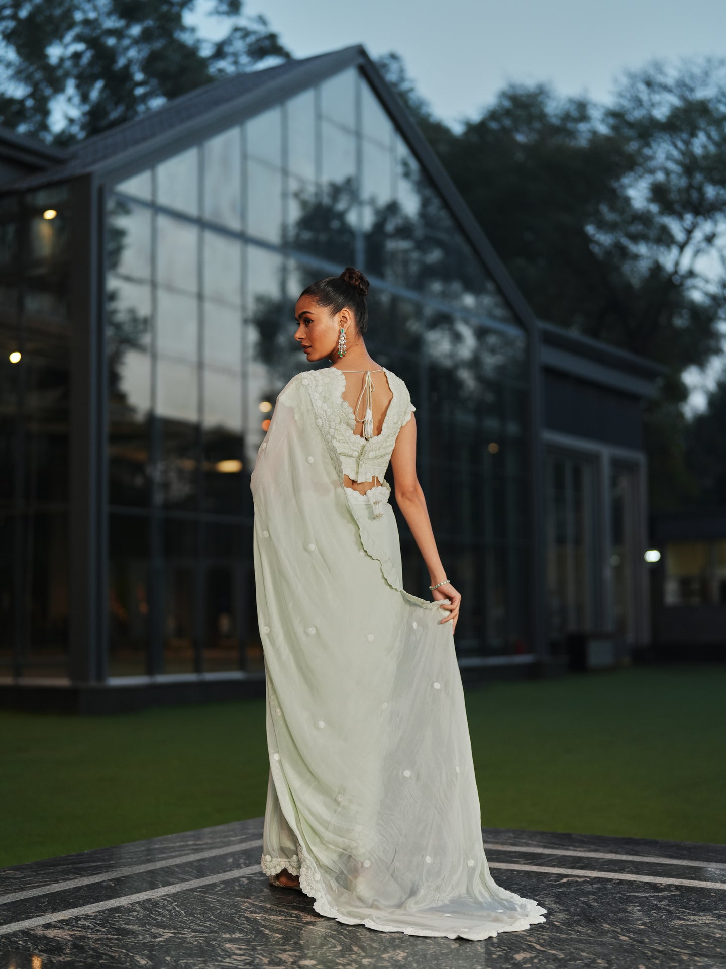 Mint Green Chiffon Three-dimensional Embroidery Saree Set