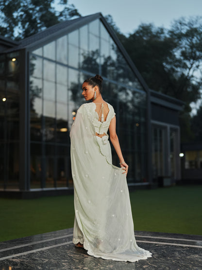 Mint Green Chiffon Three-dimensional Embroidery Saree Set