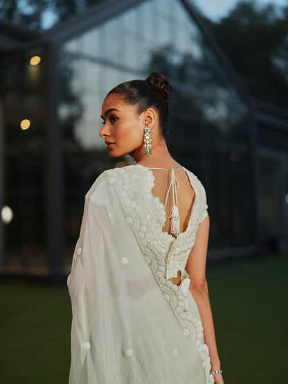 Mint Green Chiffon Three-dimensional Embroidery Saree Set