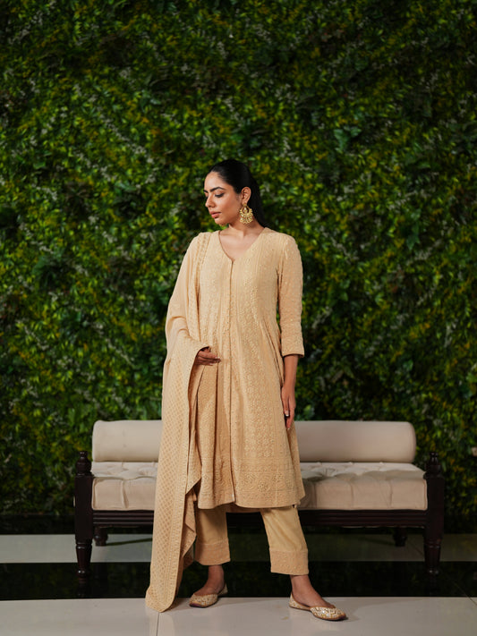 Beige Chikankari Suit Set