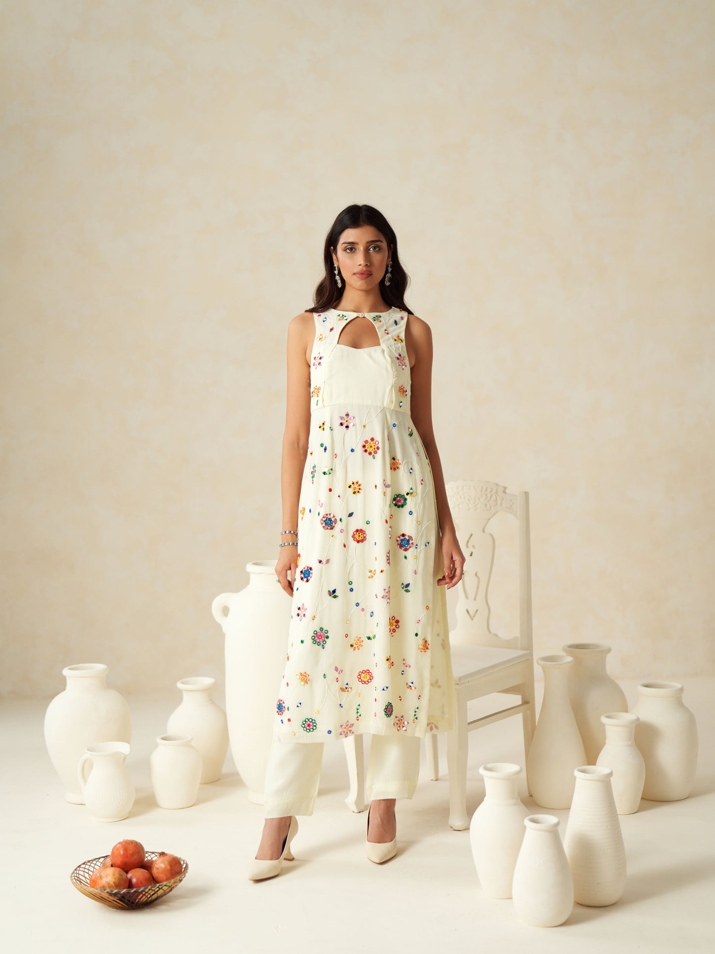 Ivory Georgette Mirror Work Suit Set