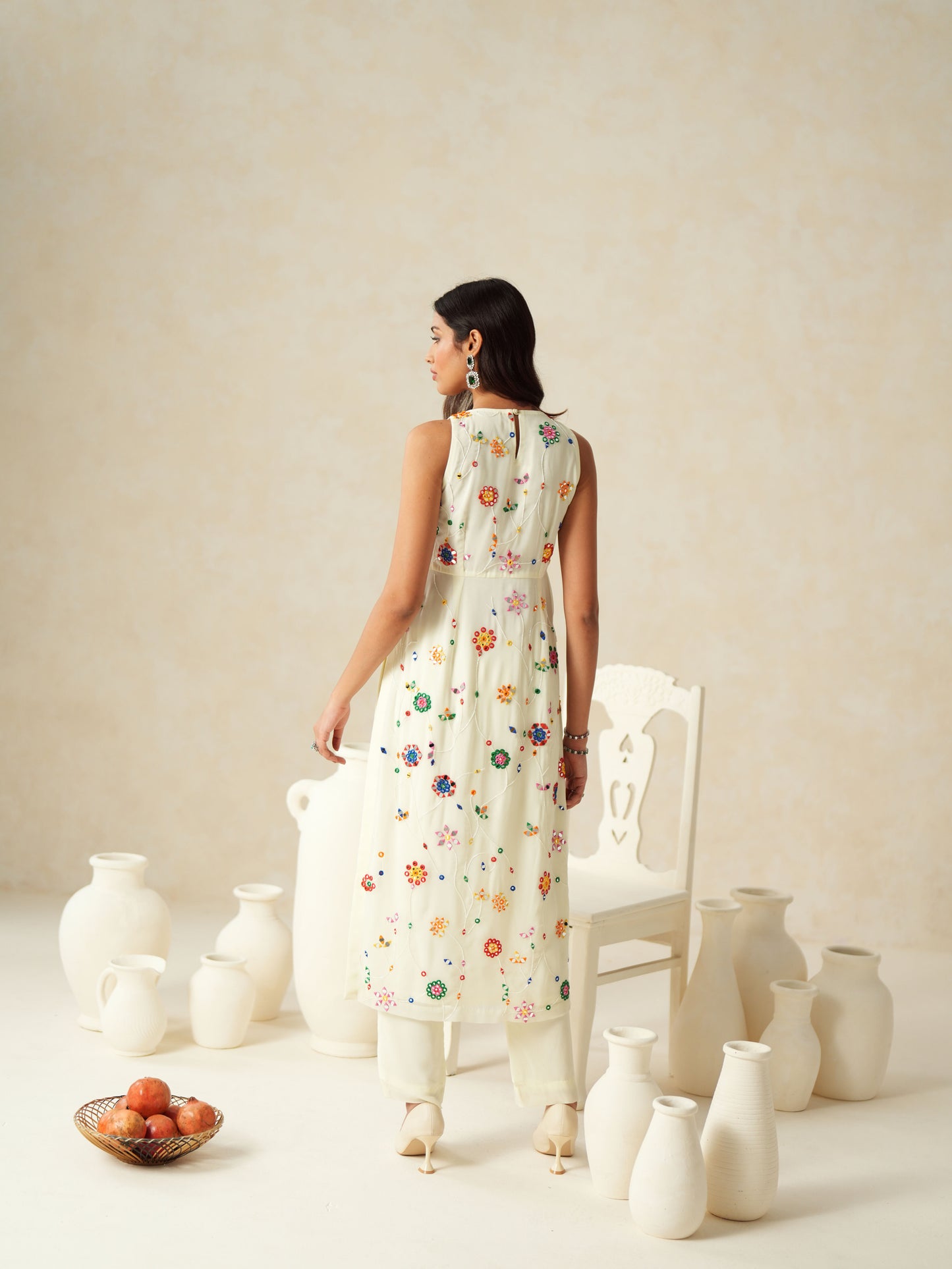 Ivory Georgette Mirror Work Suit Set