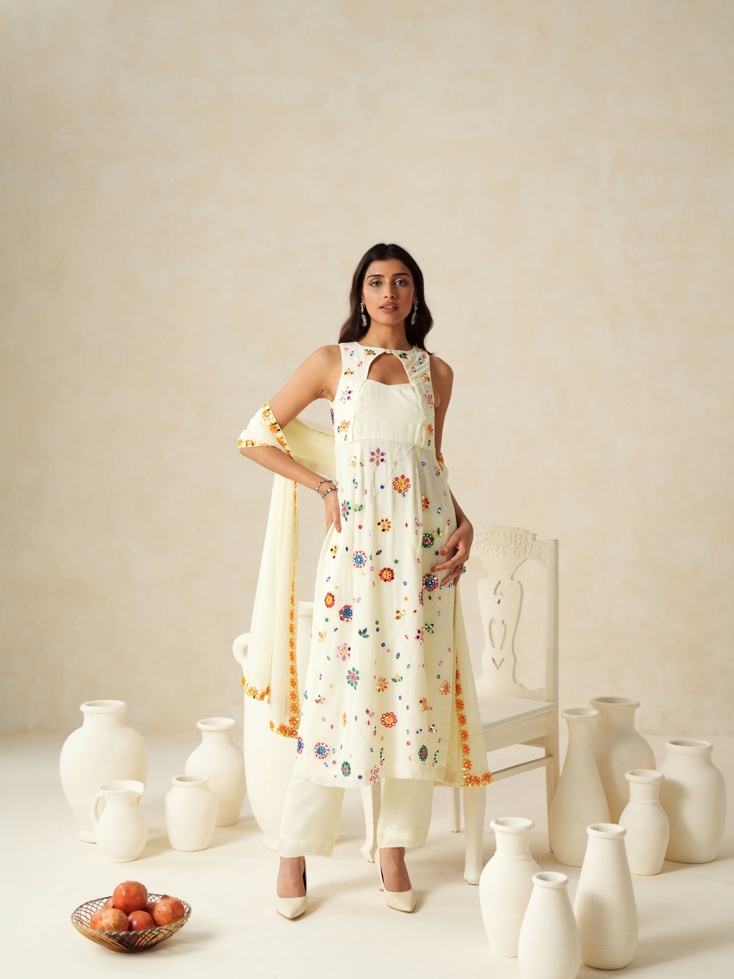 Ivory Georgette Mirror Work Suit Set