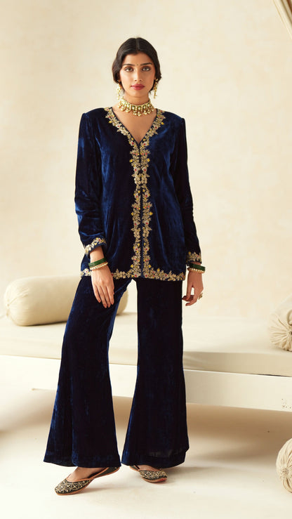 Dark Blue Embroidered Velvet Jacket Set