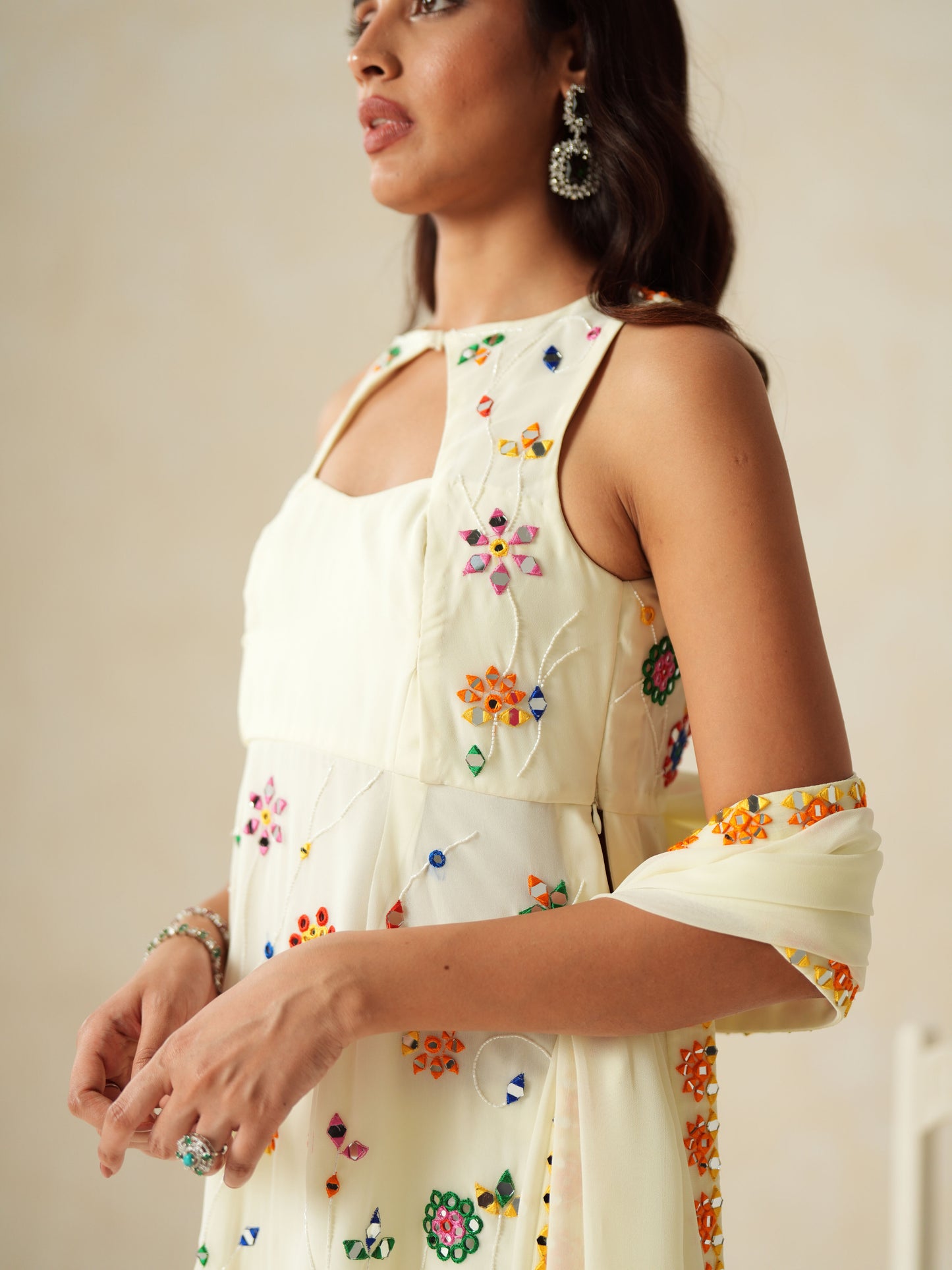 Ivory Georgette Mirror Work Suit Set