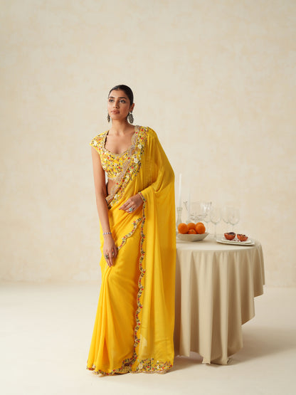Yellow Chiffon Embroidery Saree Set