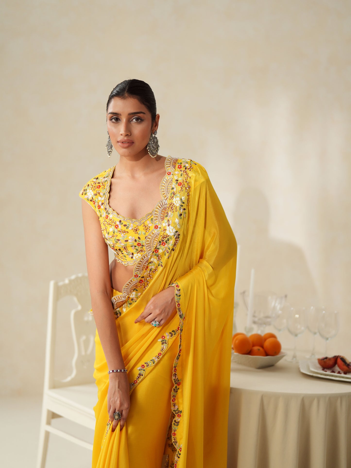 Yellow Chiffon Embroidery Saree Set
