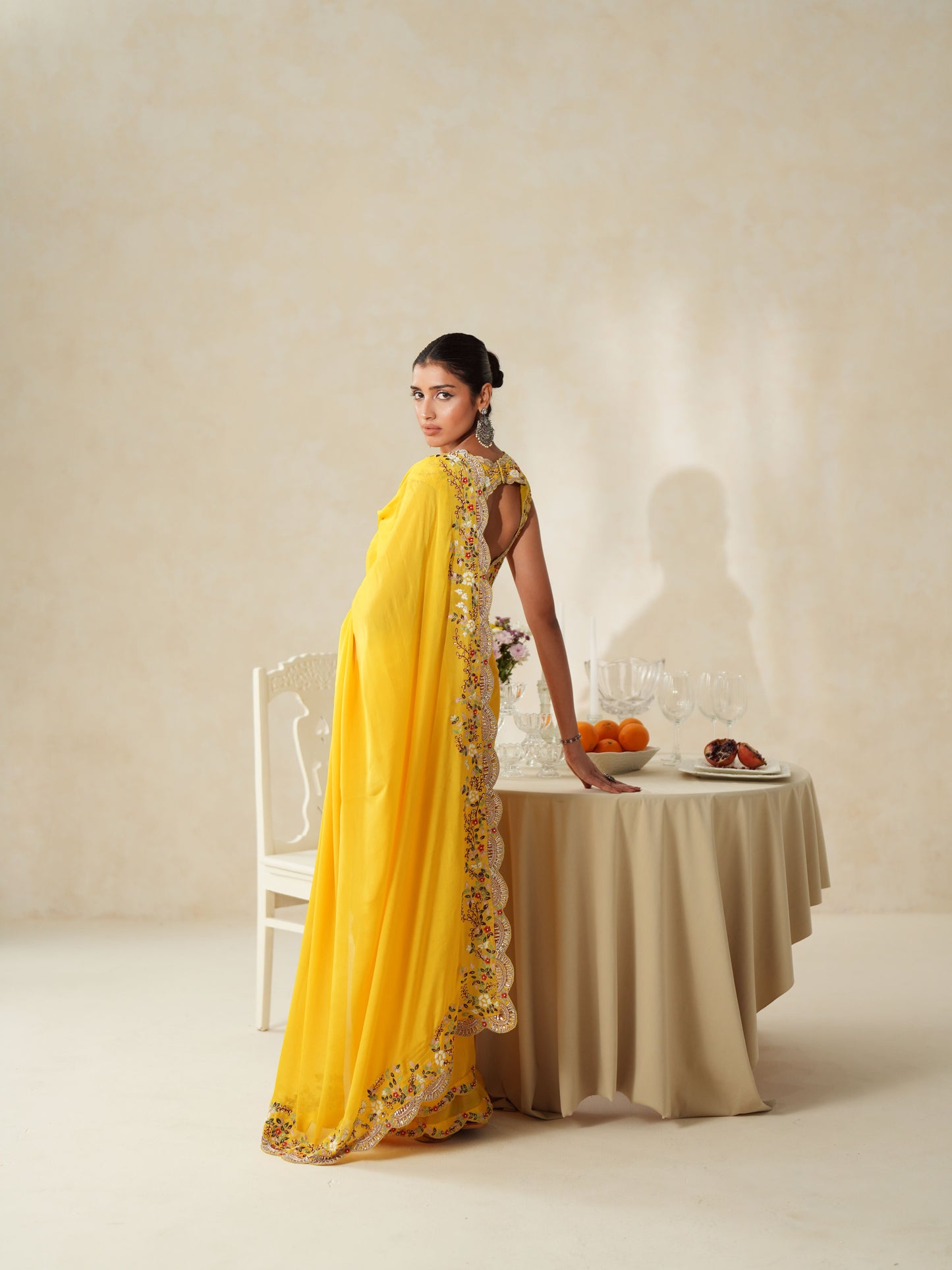 Yellow Chiffon Embroidery Saree Set