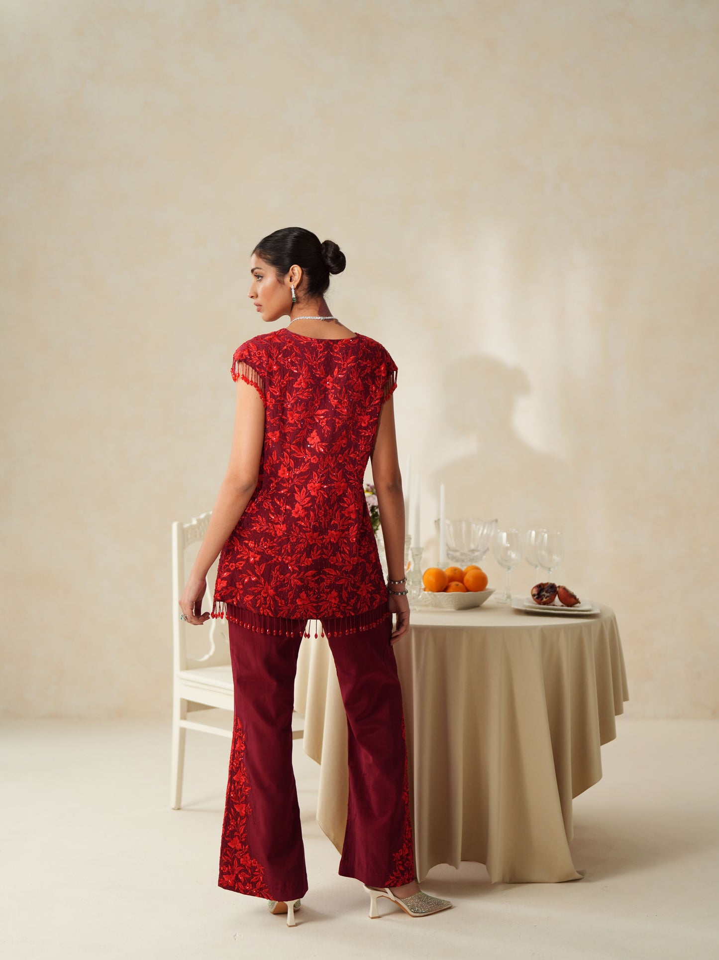 Red Crepe Tone on Tone Embroidery Jacket - Pants Set