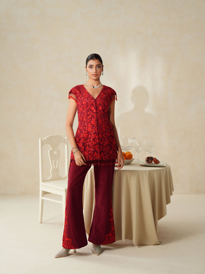 Red Crepe Tone on Tone Embroidery Jacket - Pants Set