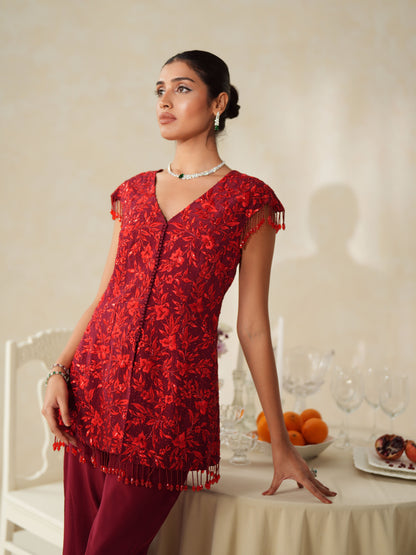 Red Crepe Tone on Tone Embroidery Jacket - Pants Set