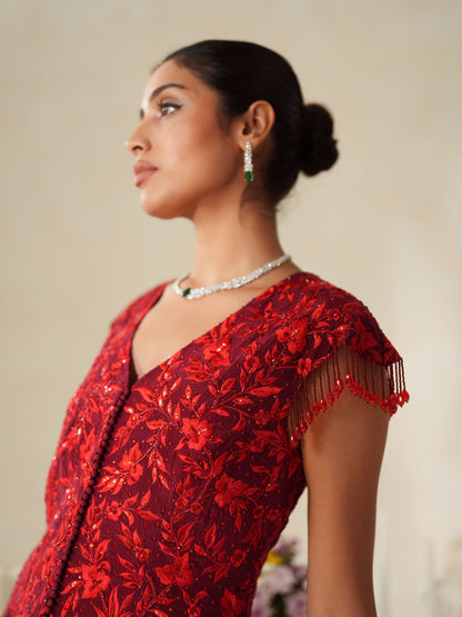 Red Crepe Tone on Tone Embroidery Jacket - Pants Set