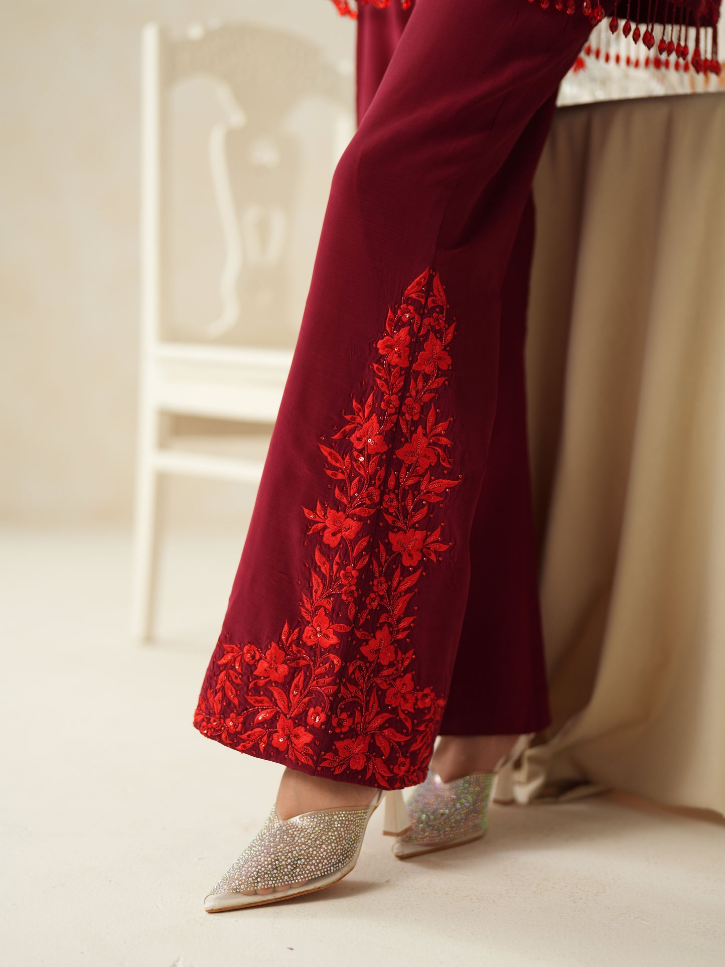Red Crepe Tone on Tone Embroidery Jacket - Pants Set