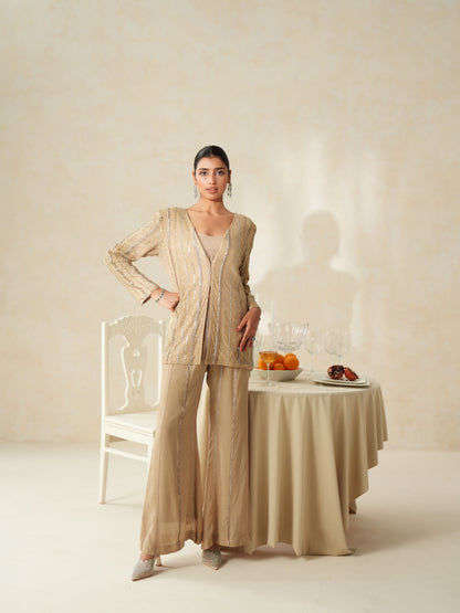 Beige Crepe Embellished Jacket - Pants Set