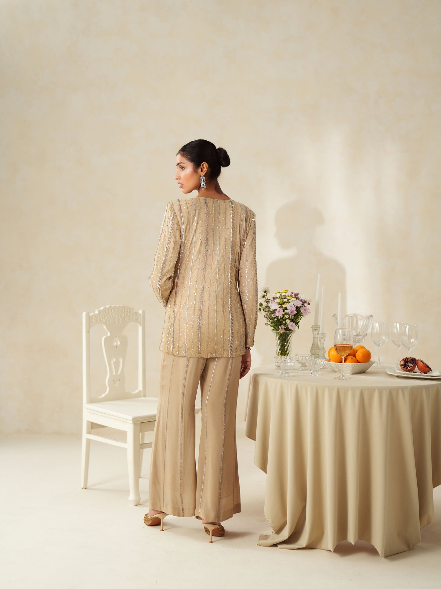 Beige Crepe Embellished Jacket - Pants Set