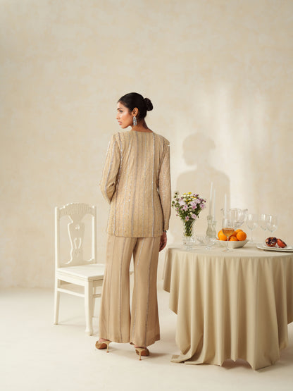Beige Crepe Embellished Jacket - Pants Set