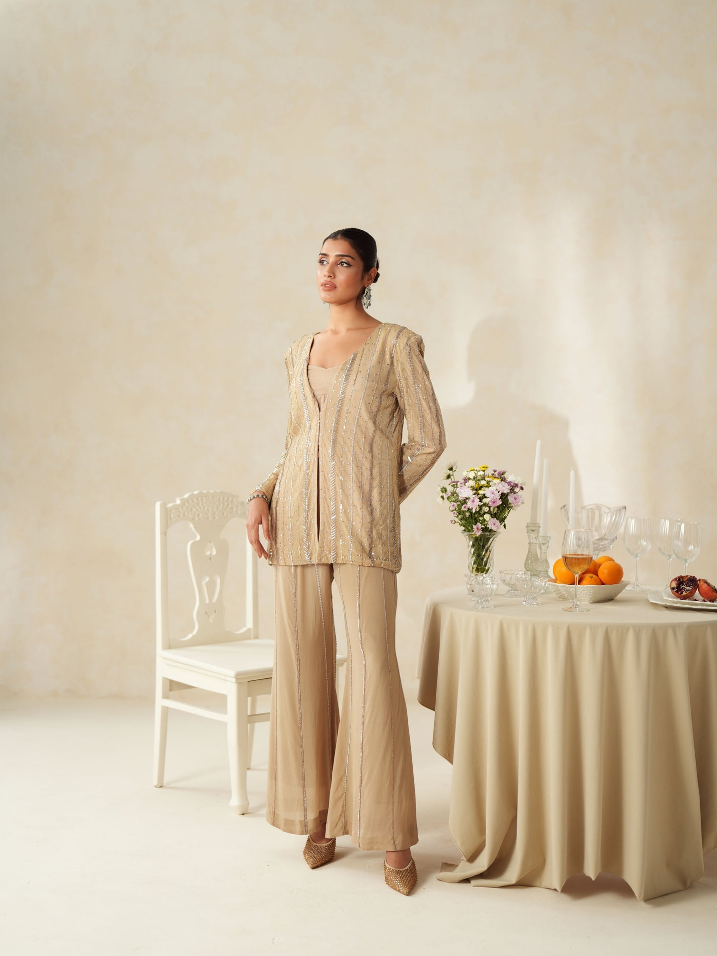 Beige Crepe Embellished Jacket - Pants Set