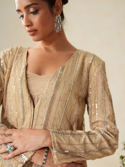 Beige Crepe Embellished Jacket - Pants Set