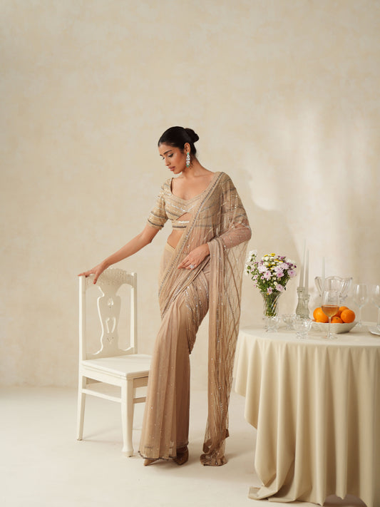 Beige Crepe Embellished Pre-stitched Saree Set