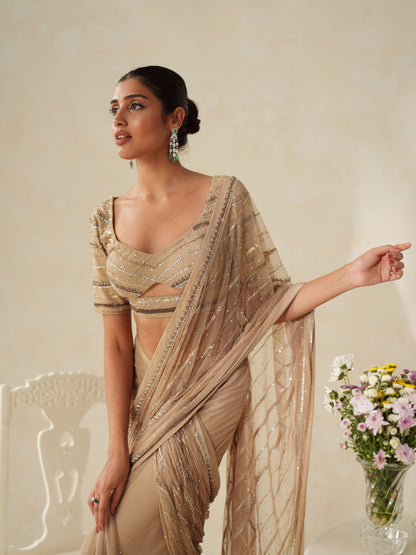 Beige Crepe Embellished Pre-stitched Saree Set