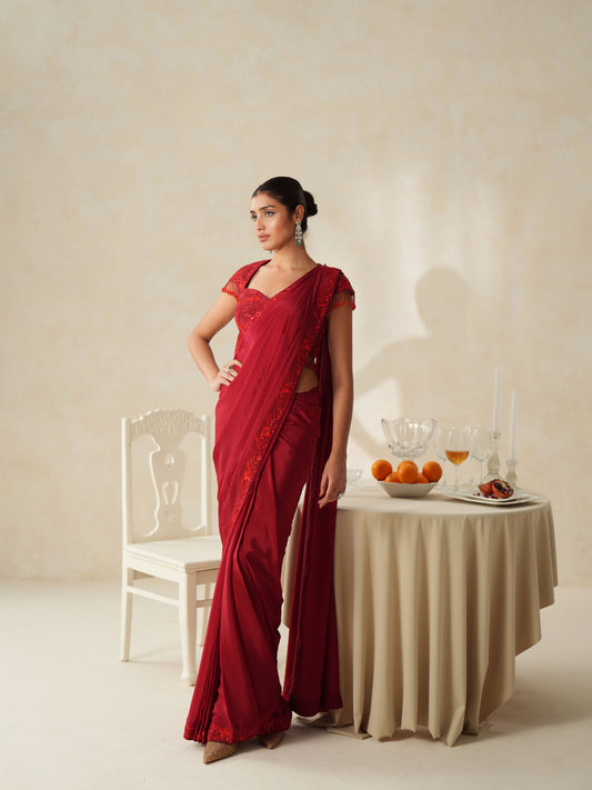 Red Crepe Tone on Tone Embroidery Pre-stitched Saree Set