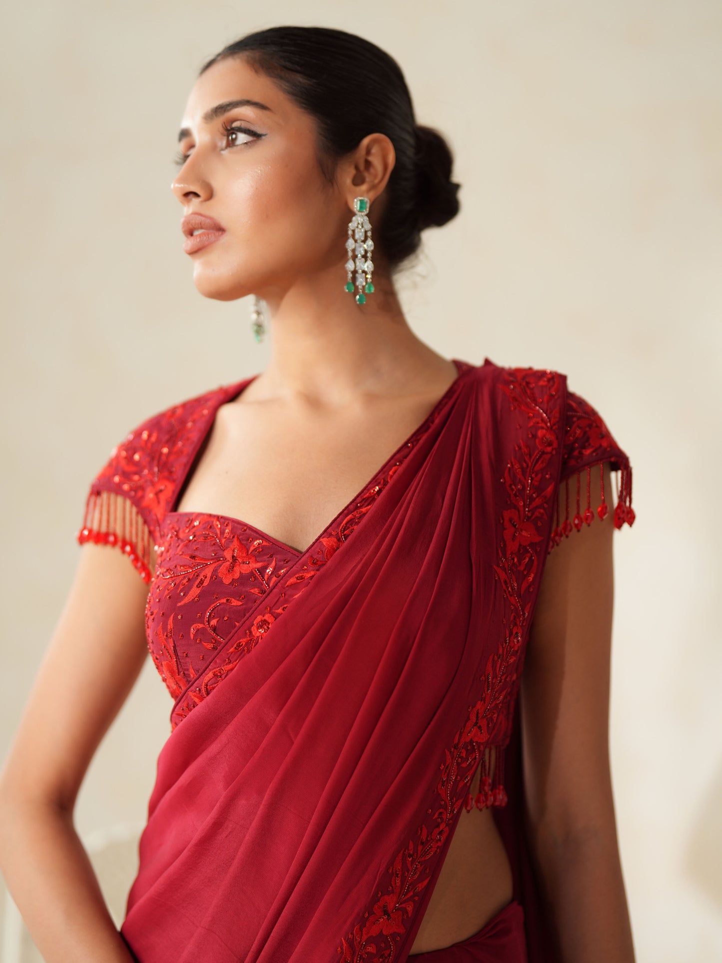 Red Crepe Tone on Tone Embroidery Pre-stitched Saree Set