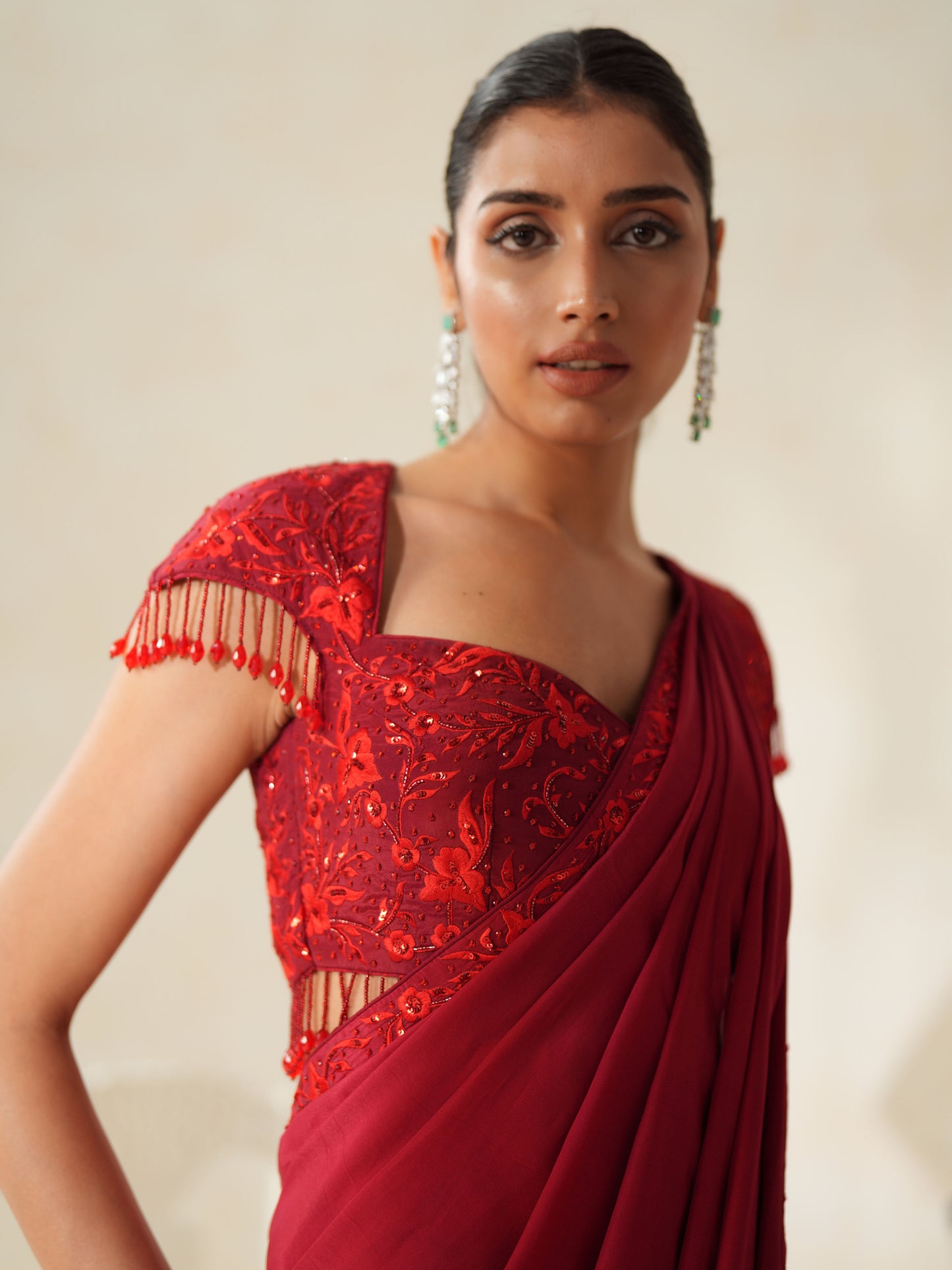 Red Crepe Tone on Tone Embroidery Pre-stitched Saree Set