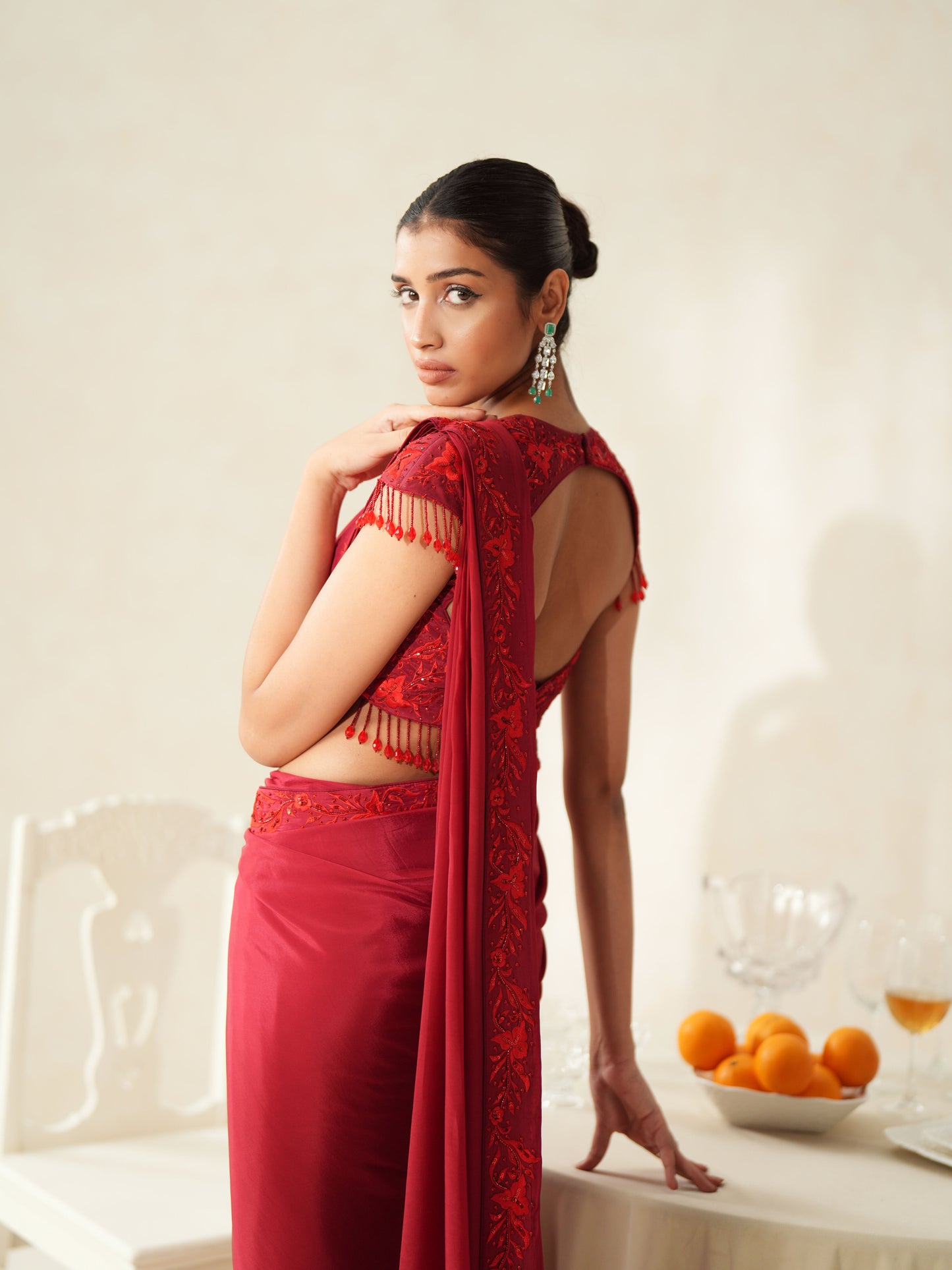 Red Crepe Tone on Tone Embroidery Pre-stitched Saree Set